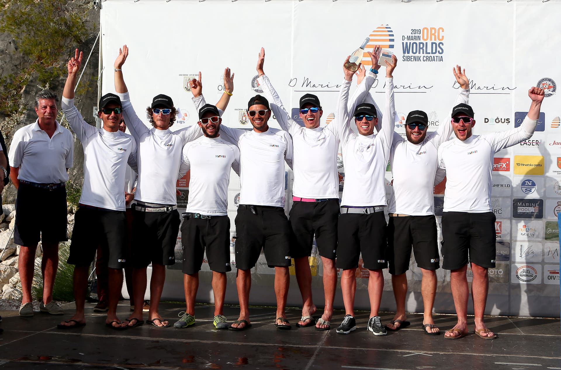 L'equipaggio di Northern Light Sailing sul palco della premiazione del Campionato Mondiale ORC 2019 a Sebenico
